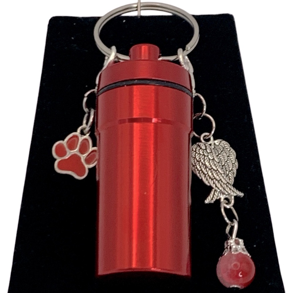 Pet Cremation Urn Red Stainless Steel Memorial Keepsake Cylinder Keychain - Picture 2 of 3